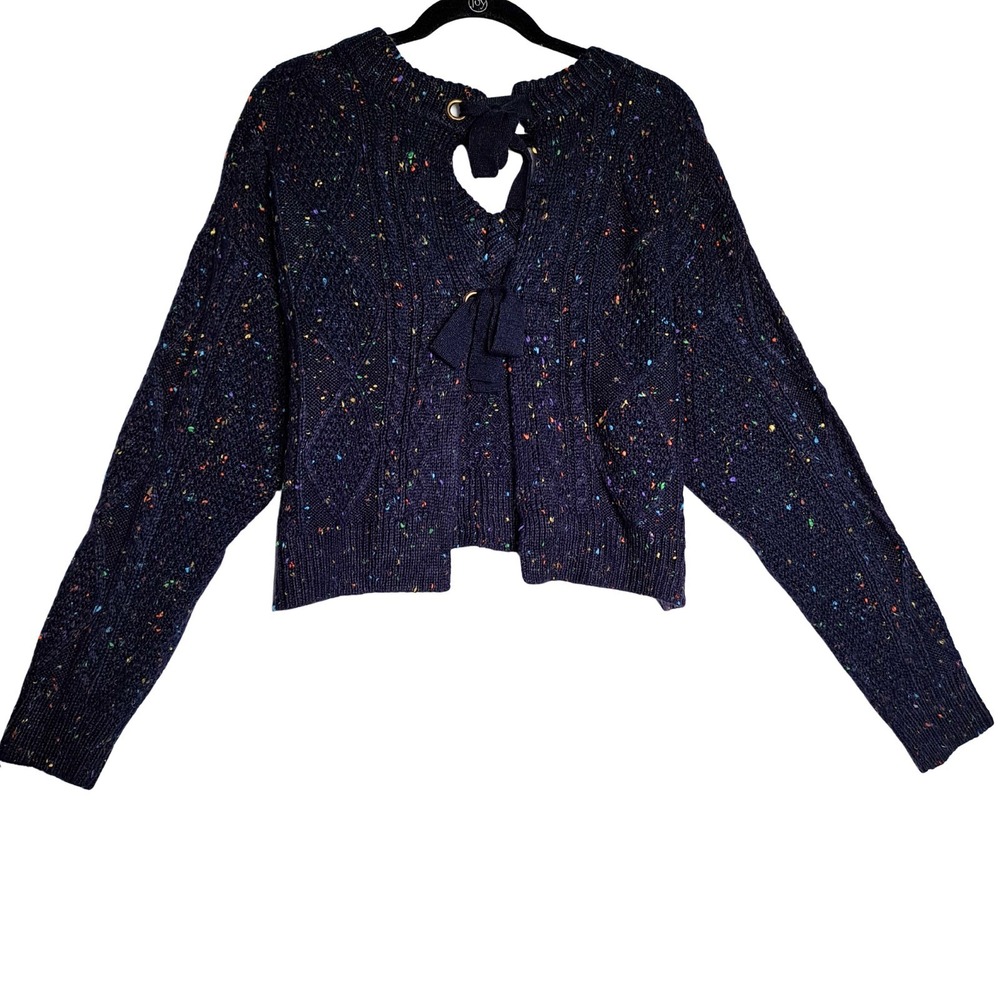 John + Jenn Sweater S Navy Rainbow Confetti Cable Knit Tie Open Back Grommet 914 - Picture 3 of 12